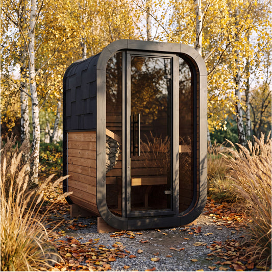 Ralva Small rounded outdoor sauna with black painted arch covers
