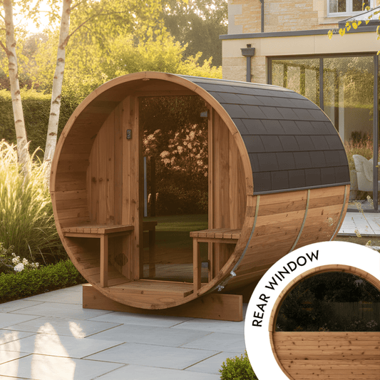 Small Wood Barrel Sauna with Window & Relaxation Terrace (2-4 Person)
