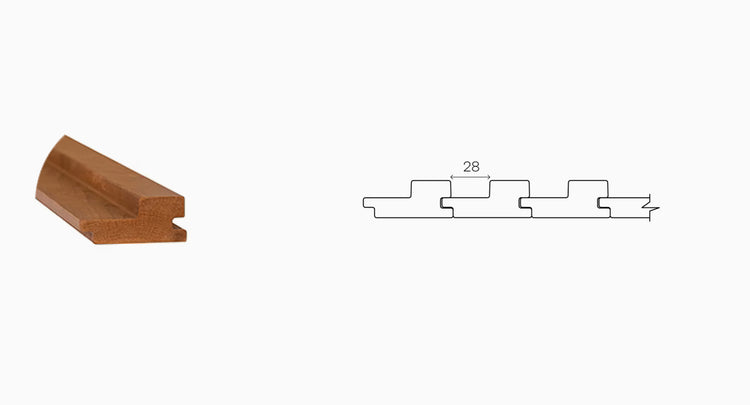 Wooden molding sample with a sectional diagram on a white background