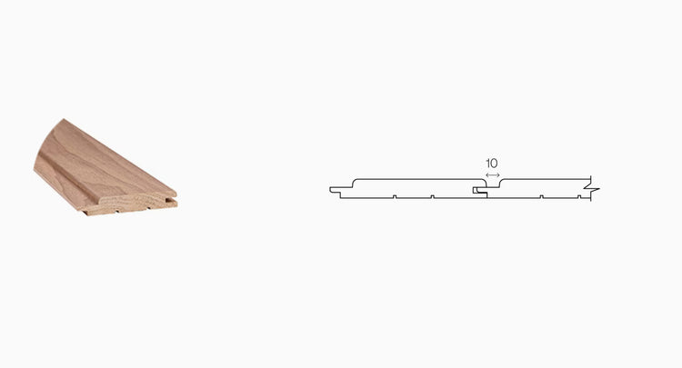Wooden molding sample with a line drawing on a white background