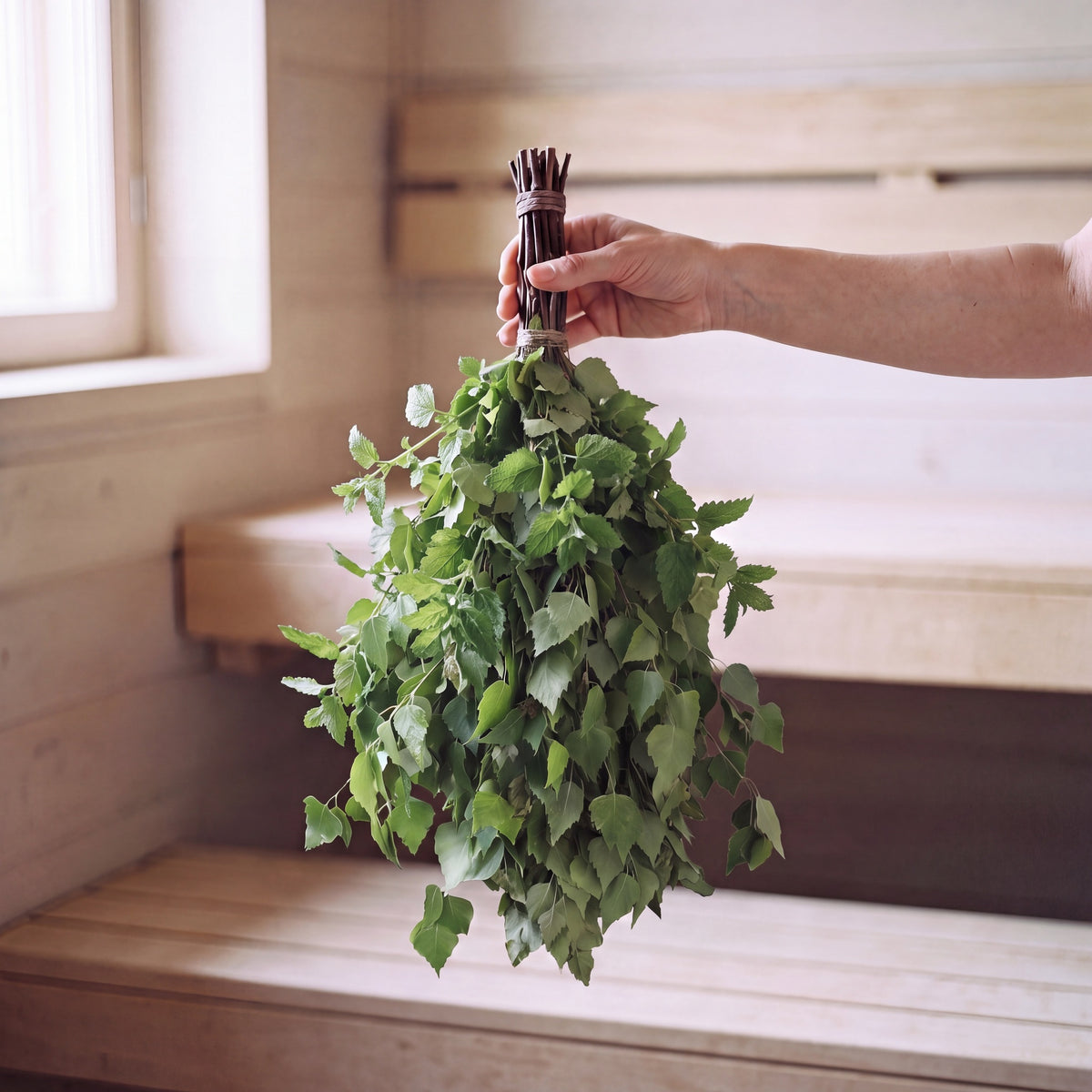 Sauna Whisk Birch & Lemon Balm - held in the sauna