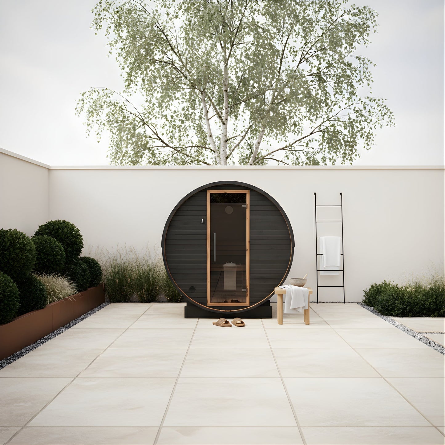 Thermo Wood Barrel Sauna - Large Black (6 - 8 Person) Barrel Sauna | Finnmark Sauna
