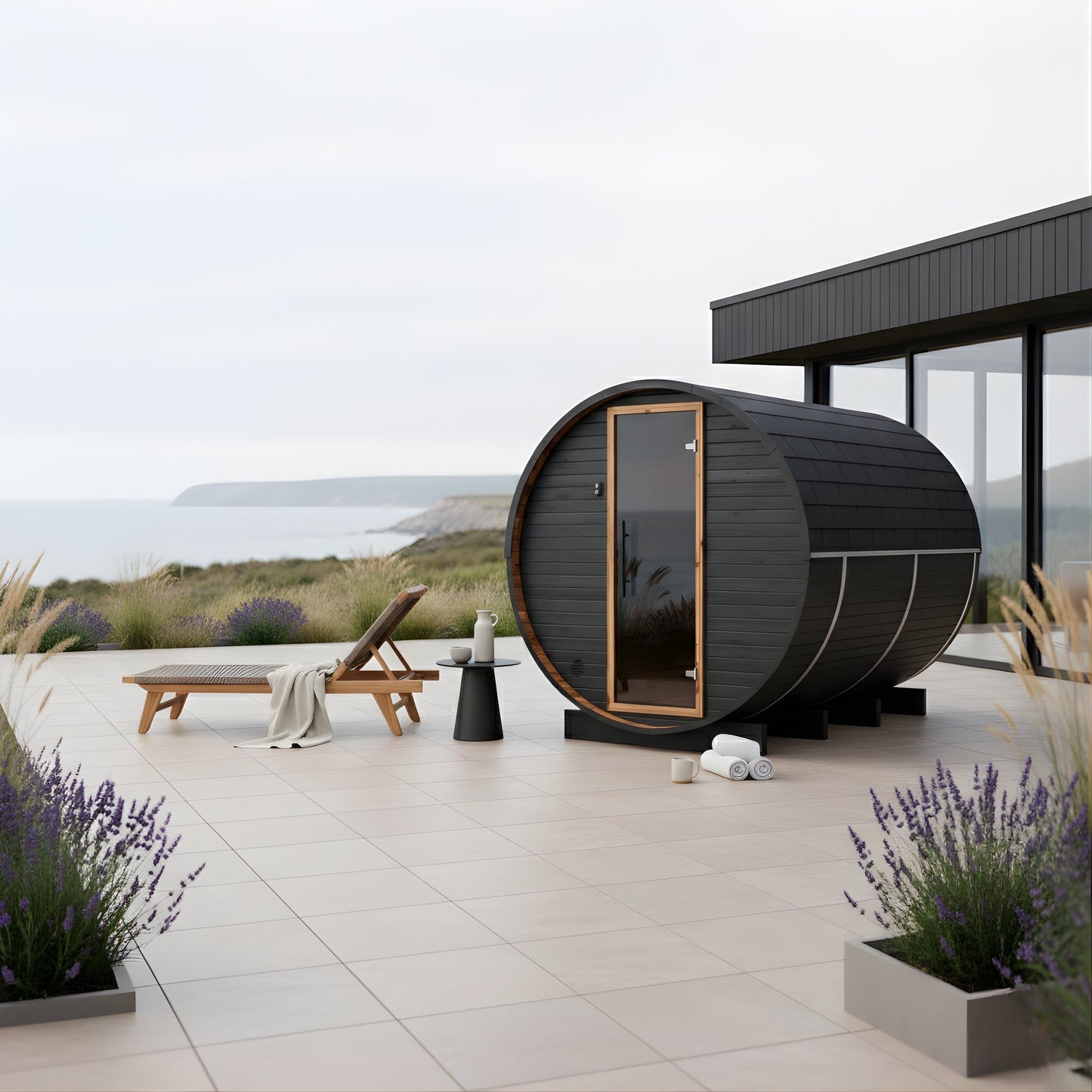 Thermo Wood Barrel Sauna - Large Black (6 - 8 Person) Barrel Sauna | Finnmark Sauna