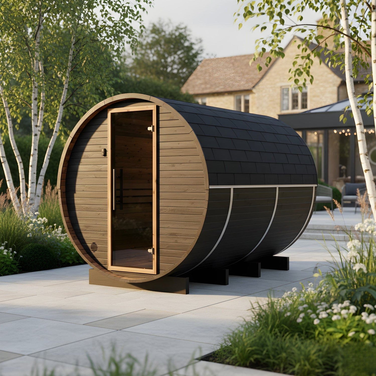 Large Wood Barrel Sauna (6-8 Person) in Black