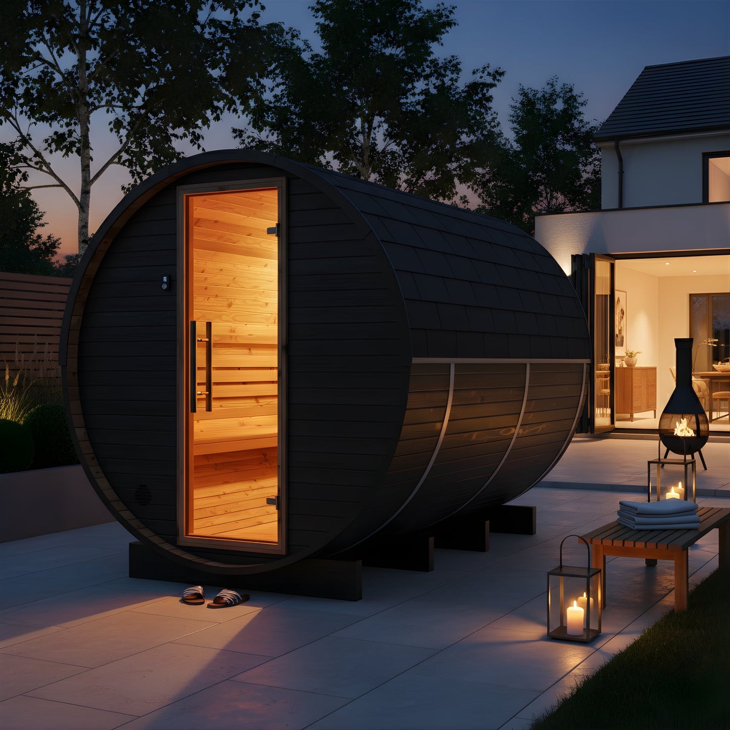 Thermo Wood Barrel Sauna - Large Black (6 - 8 Person) Barrel Sauna | Finnmark Sauna