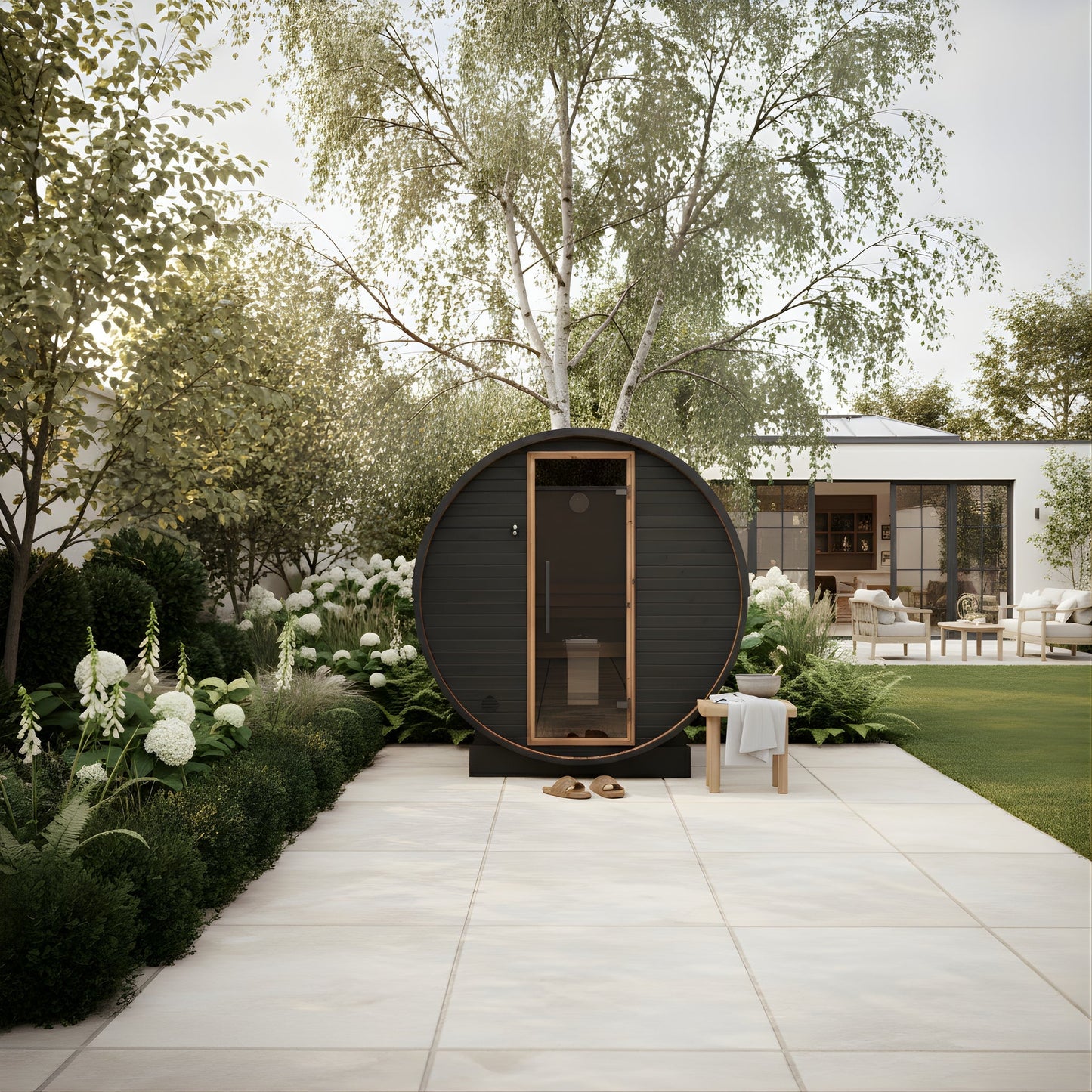 Thermo Wood Barrel Sauna - Large Black (6 - 8 Person) Barrel Sauna | Finnmark Sauna