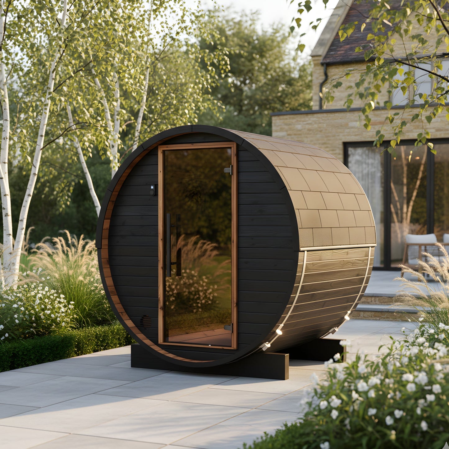 Thermo Wood Barrel Sauna - Micro Black (2 Person) Barrel Sauna | Finnmark Sauna