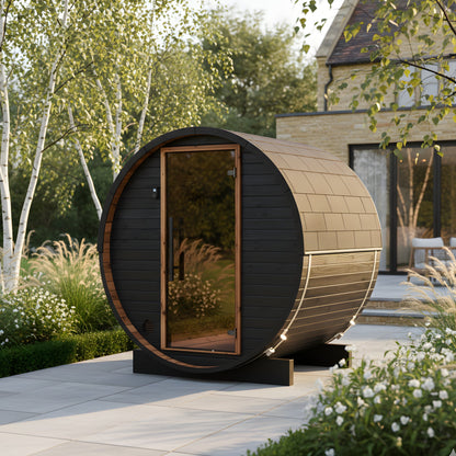 Thermo Wood Barrel Sauna - Micro Black (2 Person) Barrel Sauna | Finnmark Sauna