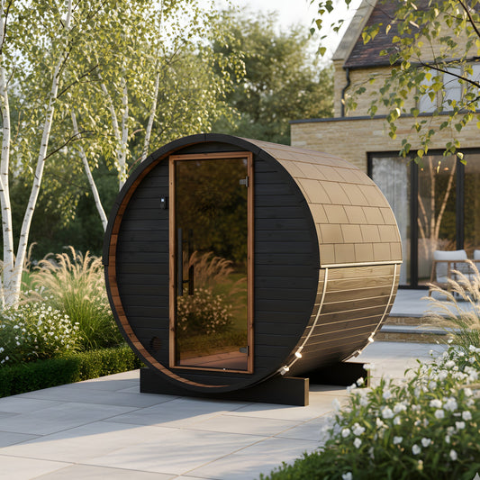 Thermo Wood Barrel Sauna - Micro Black (2 Person) Barrel Sauna | Finnmark Sauna