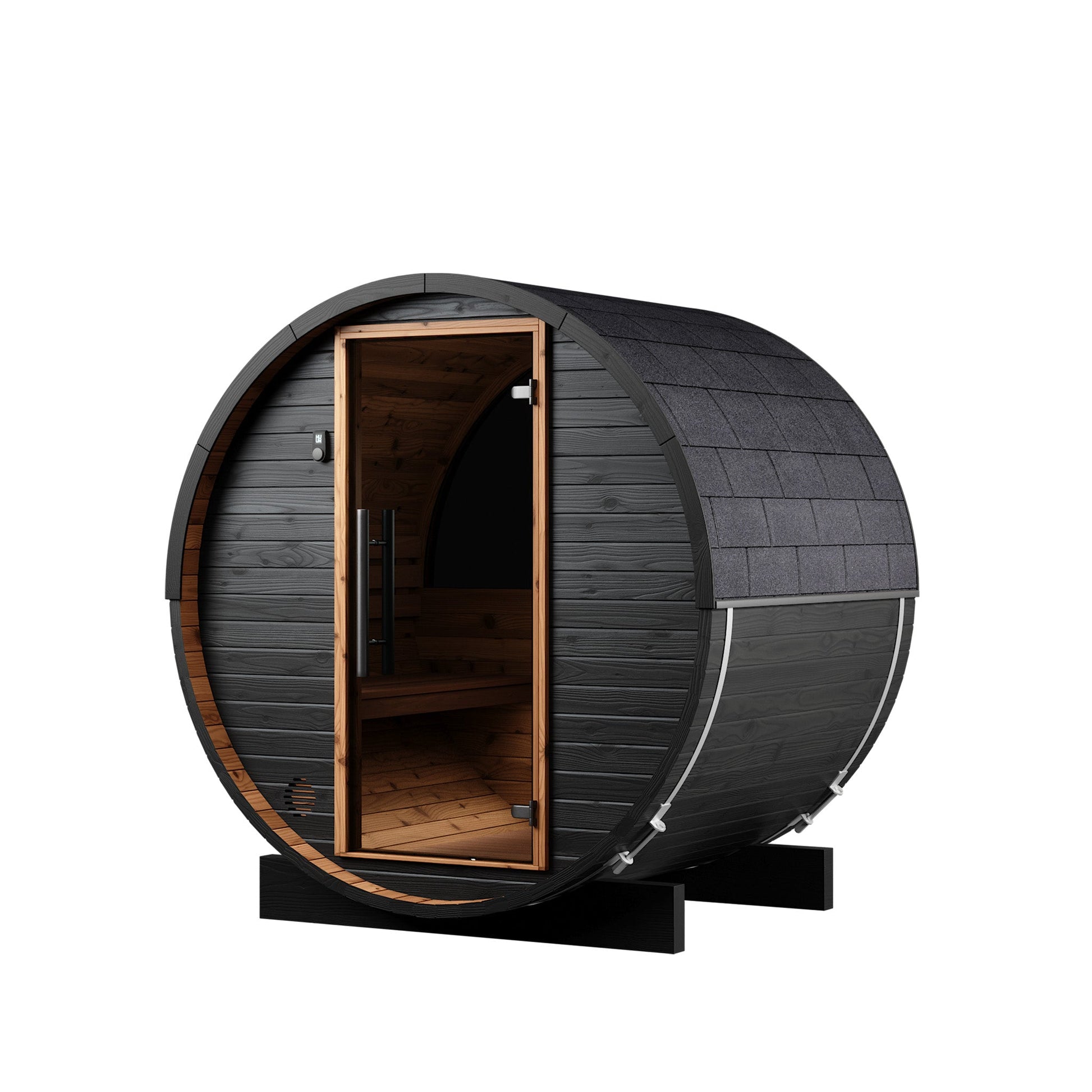 Thermo Wood Barrel Sauna - Micro Black (2 Person) Barrel Sauna | Finnmark Sauna