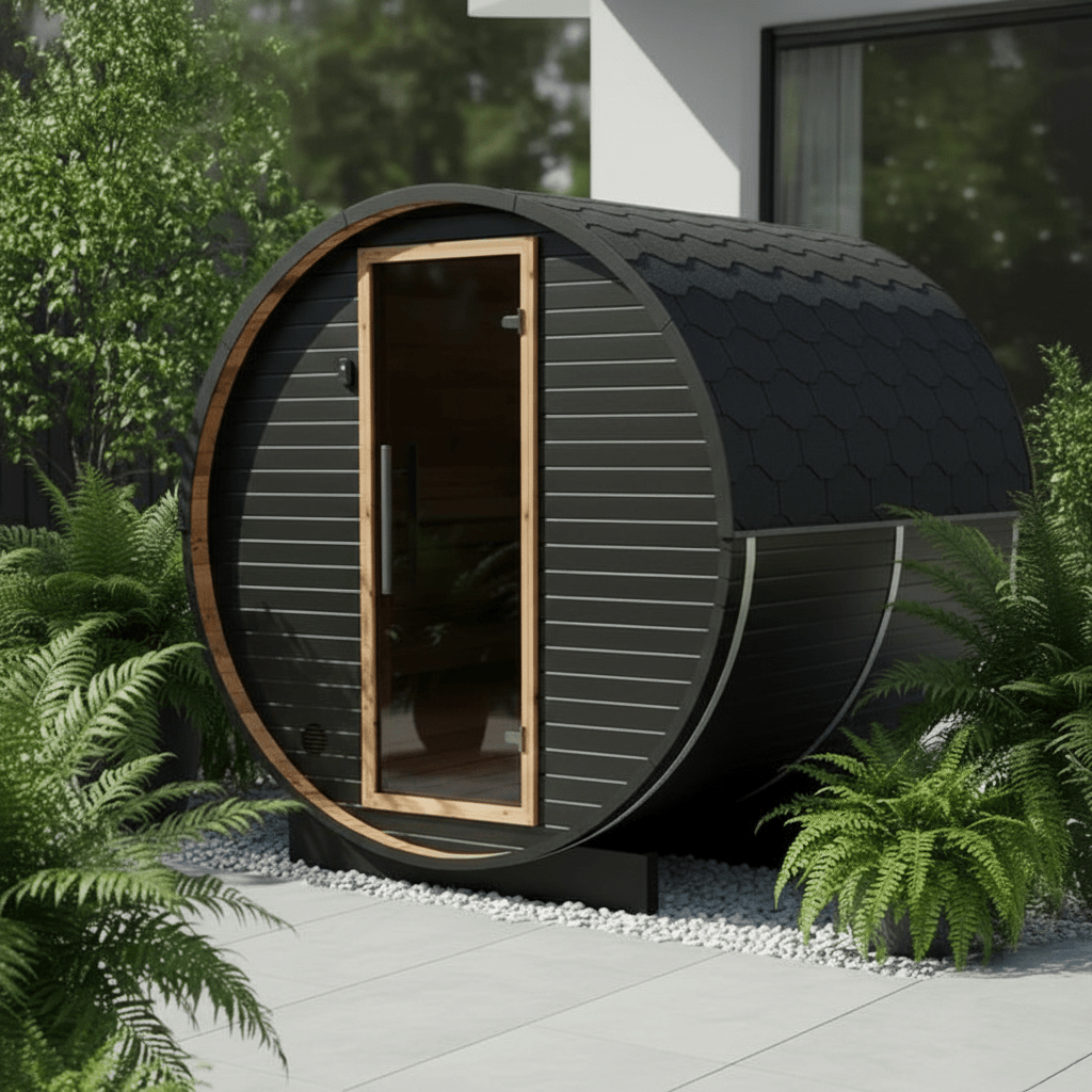 Thermo Wood Barrel Sauna - Regular Black (4 - 6 Person) Barrel Sauna | Finnmark Sauna