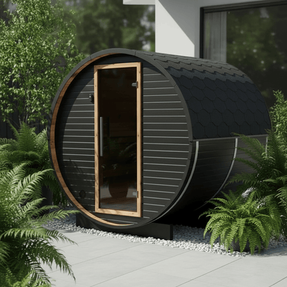 Thermo Wood Barrel Sauna - Regular Black (4 - 6 Person) Barrel Sauna | Finnmark Sauna