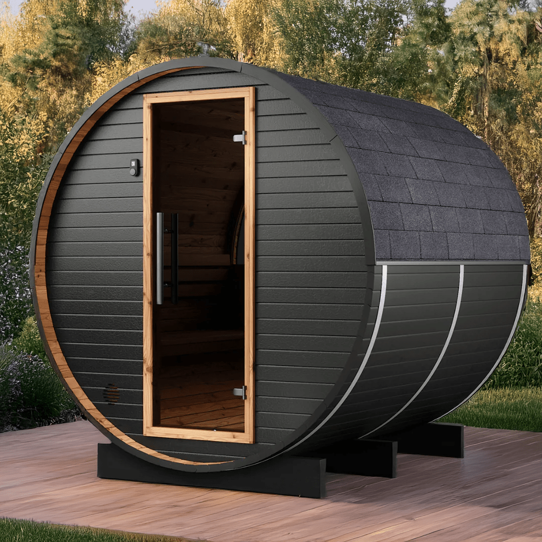 Thermo Wood Barrel Sauna - Regular Black (4 - 6 Person) Barrel Sauna | Finnmark Sauna