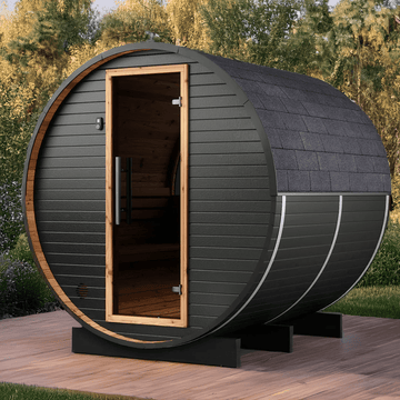Thermo Wood Barrel Sauna - Regular Black (4 - 6 Person) Barrel Sauna | Finnmark Sauna