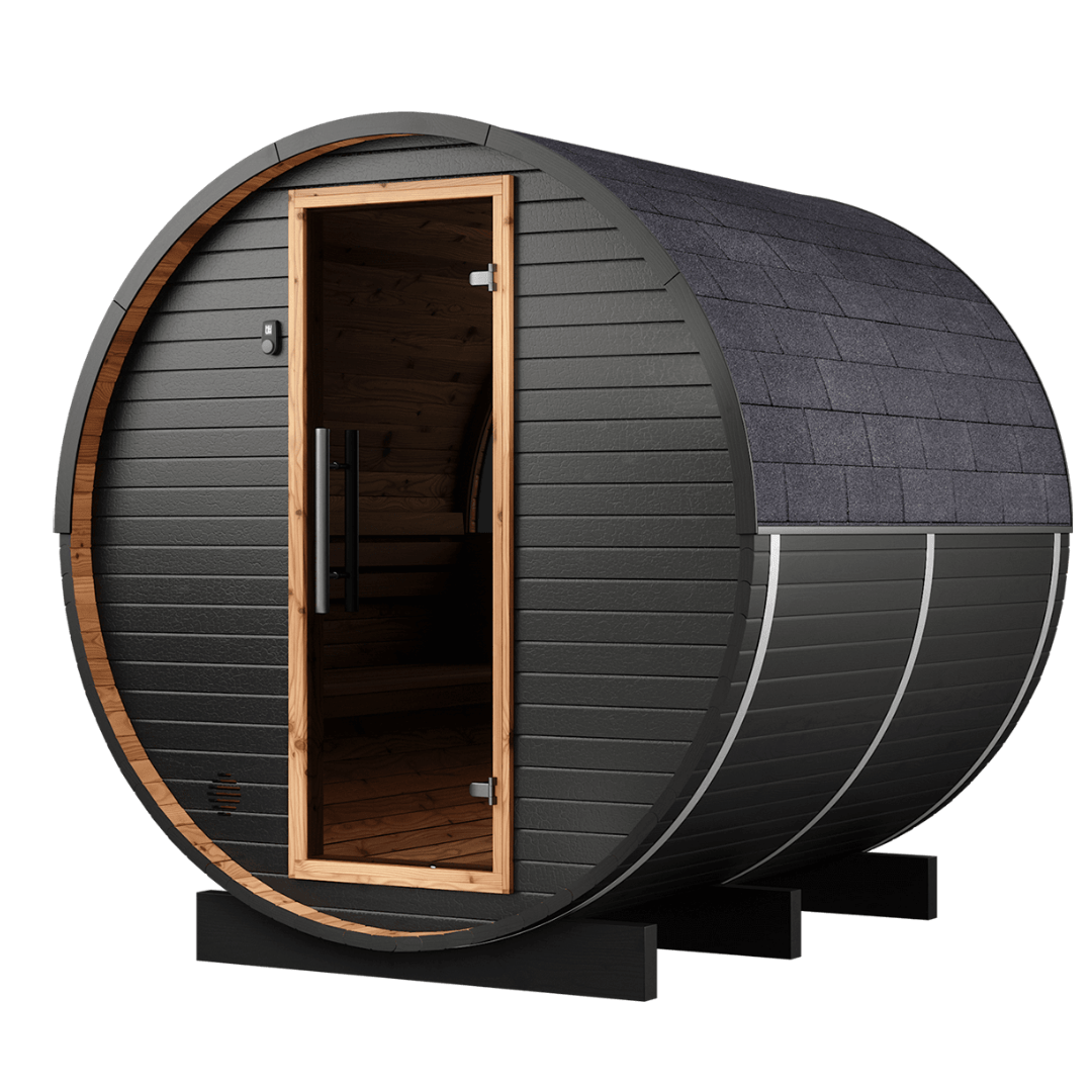 Thermo Wood Barrel Sauna - Regular Black (4 - 6 Person) Barrel Sauna | Finnmark Sauna