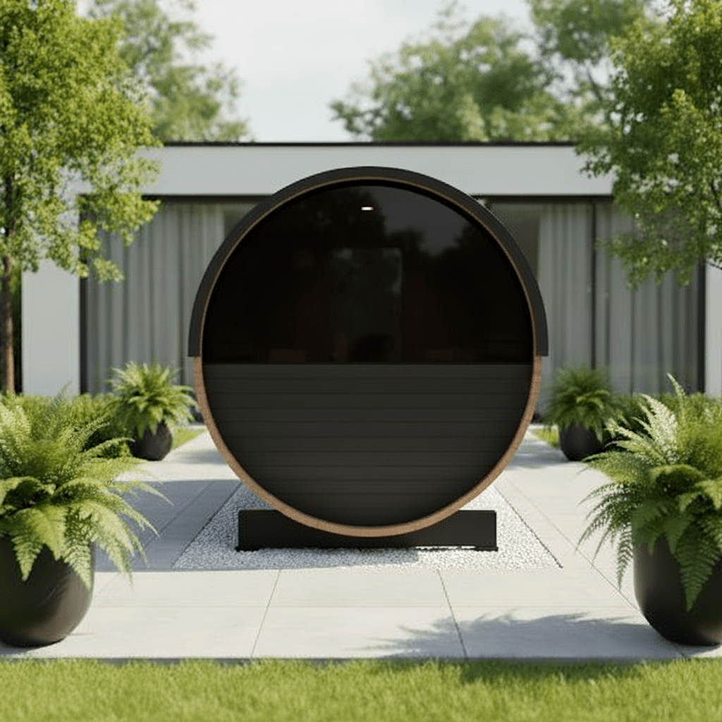 Thermo Wood Barrel Sauna - Regular Black (4 - 6 Person) Barrel Sauna | Finnmark Sauna