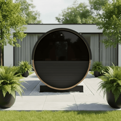 Thermo Wood Barrel Sauna - Regular Black (4 - 6 Person) Barrel Sauna | Finnmark Sauna