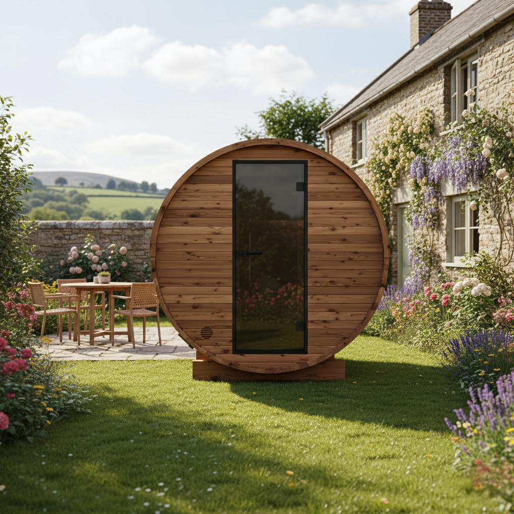 Thermo Wood Barrel Sauna - Regular with Changing Room (4 - 6 Person) Barrel Sauna | Finnmark Sauna