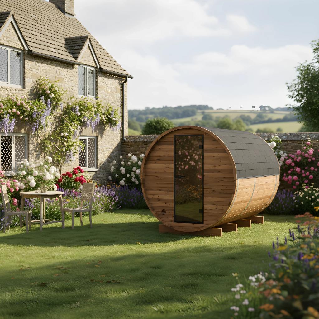 Thermo Wood Barrel Sauna - Regular with Changing Room (4 - 6 Person) Barrel Sauna | Finnmark Sauna