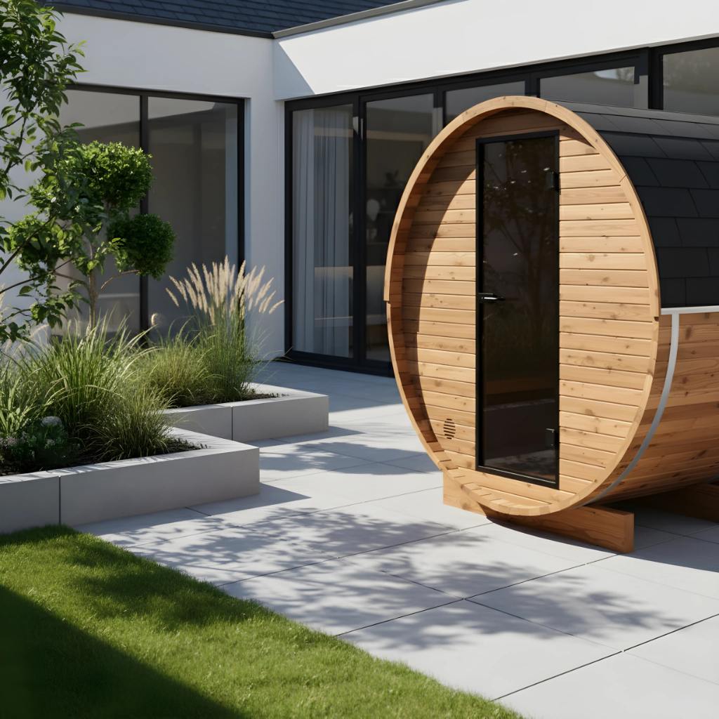Thermo Wood Barrel Sauna - Regular with Changing Room (4 - 6 Person) Barrel Sauna | Finnmark Sauna