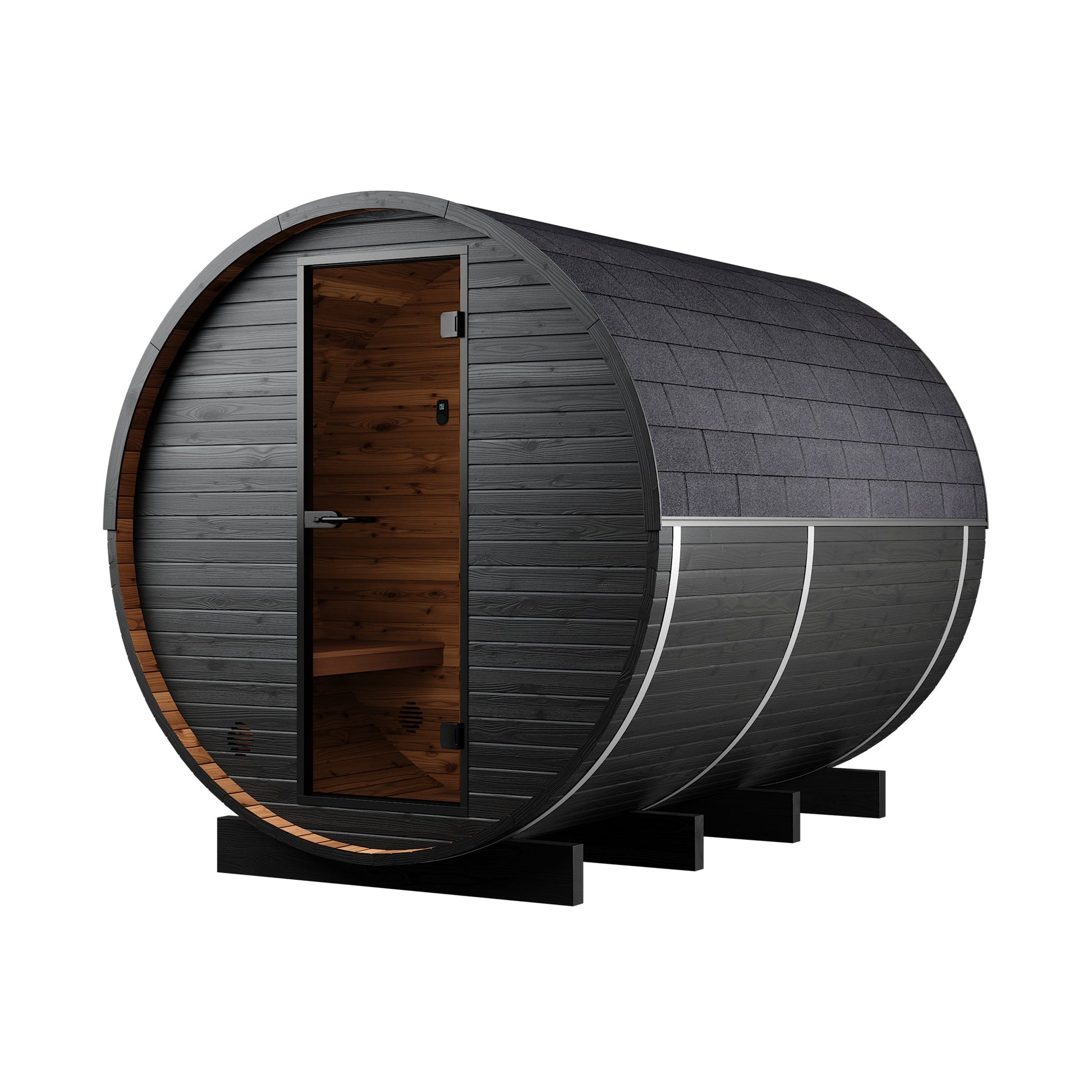 Thermo Wood Barrel Sauna - Regular with Changing Room Black (2 - 4 Person) Barrel Sauna | Finnmark Sauna