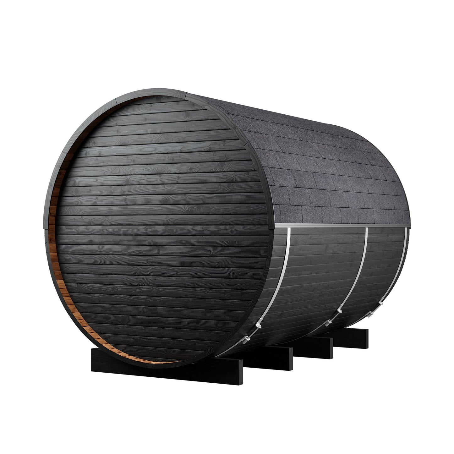 Thermo Wood Barrel Sauna - Regular with Changing Room Black (2 - 4 Person) Barrel Sauna | Finnmark Sauna