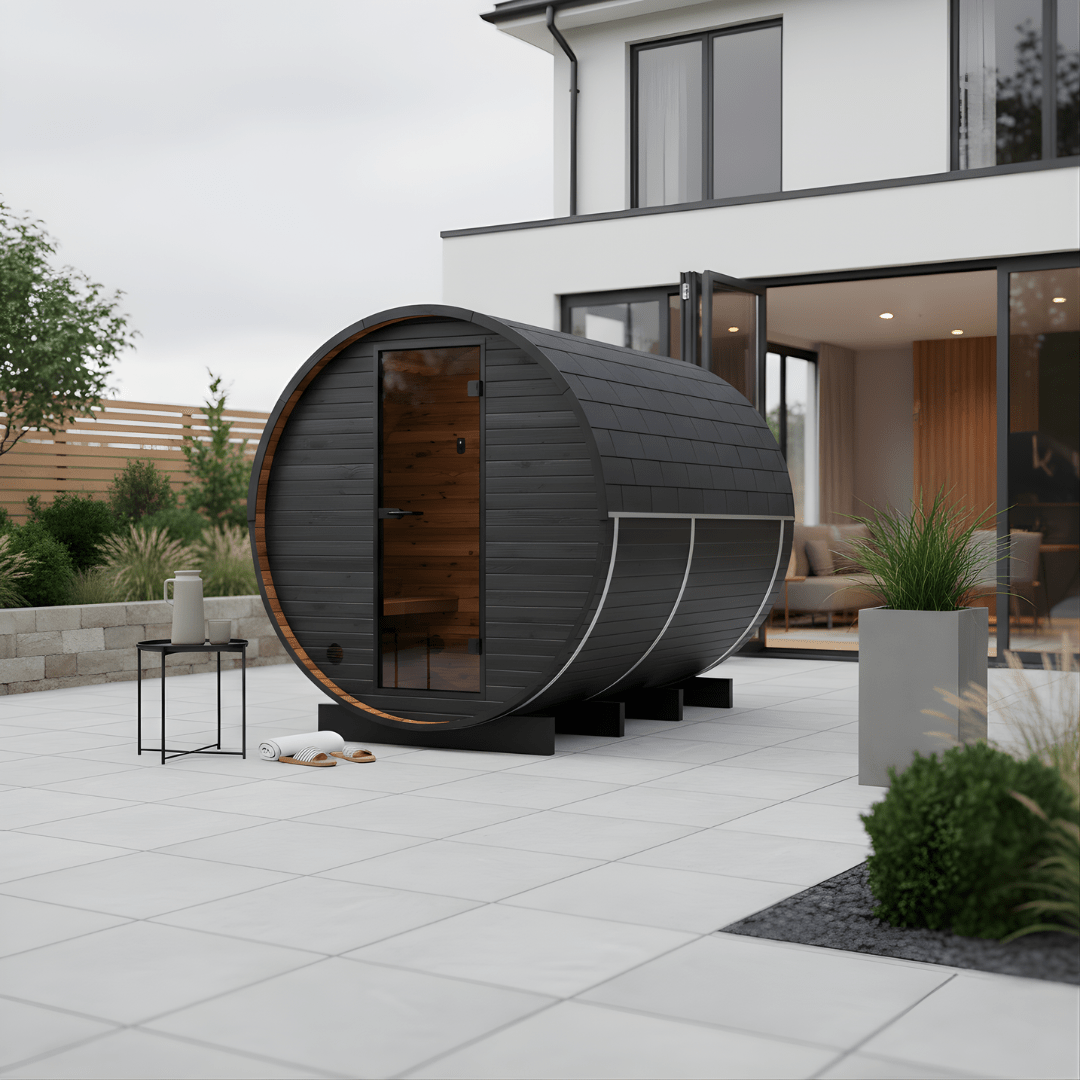 Thermo Wood Barrel Sauna - Regular with Changing Room Black (2 - 4 Person) Barrel Sauna | Finnmark Sauna