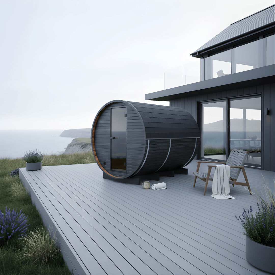 Thermo Wood Barrel Sauna - Regular with Changing Room Black (2 - 4 Person) Barrel Sauna | Finnmark Sauna