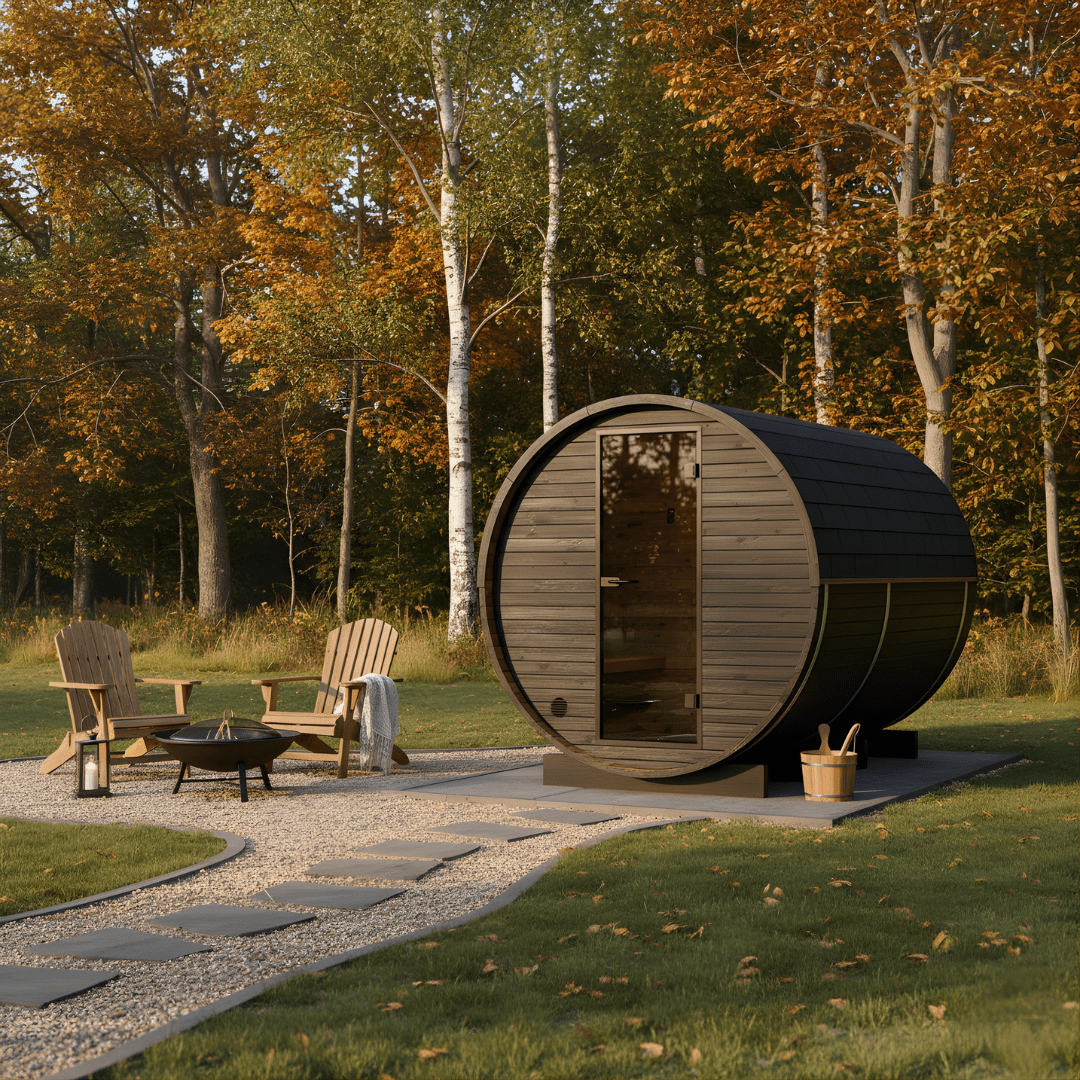 Thermo Wood Barrel Sauna - Regular with Changing Room Black (2 - 4 Person) Barrel Sauna | Finnmark Sauna