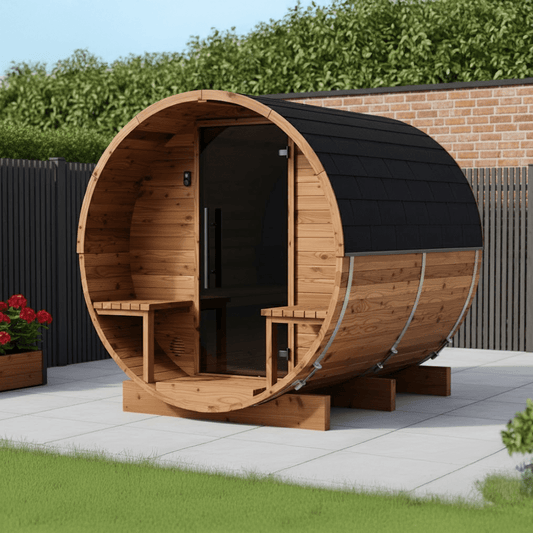 Thermo Wood Barrel Sauna - Regular with Relaxation Terrace (2 - 4 Person) Barrel Sauna | Finnmark Sauna