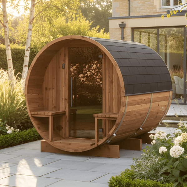Small Wood Barrel Sauna with Relaxation Terrace (2-4 Person)