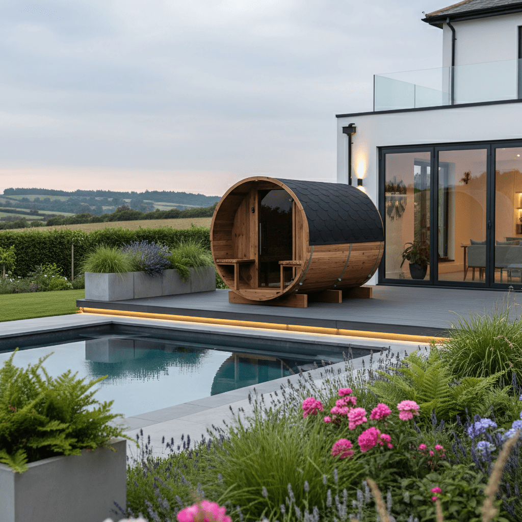 Thermo Wood Barrel Sauna - Small with Relaxation Terrace (2 - 4 Person) Barrel Sauna | Finnmark Sauna