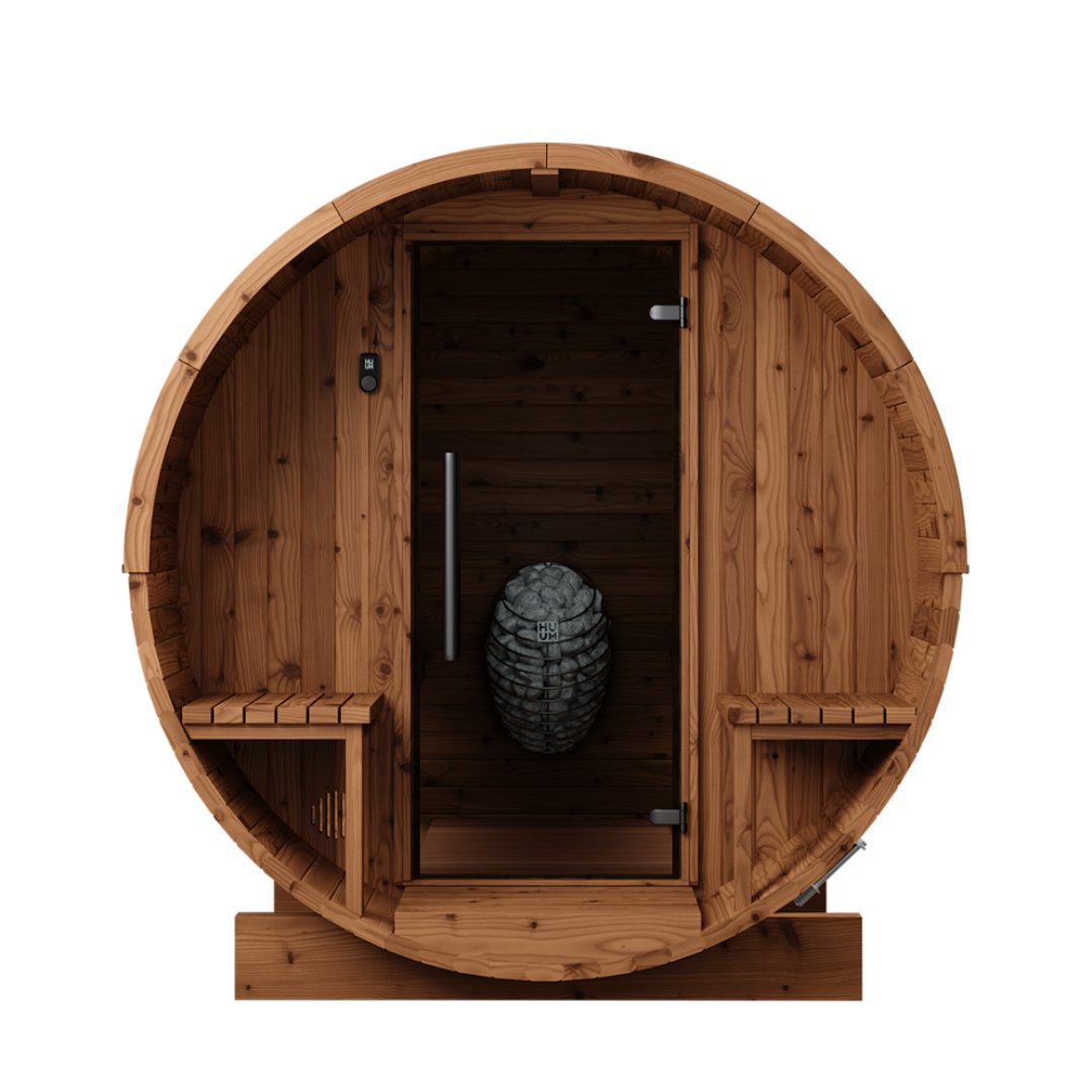 Thermo Wood Barrel Sauna - Small with Relaxation Terrace (L: 223 & ø: 194 cm) Barrel Sauna | Finnmark Sauna