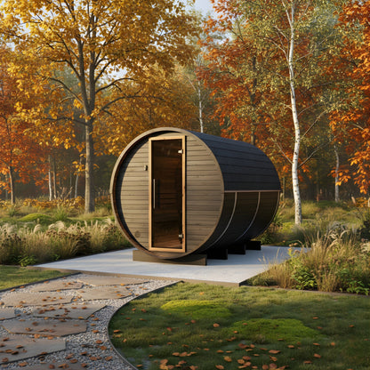 Thermo Wood Barrel Sauna with Window - Large Black (6 - 8 Person) Barrel Sauna | Finnmark Sauna