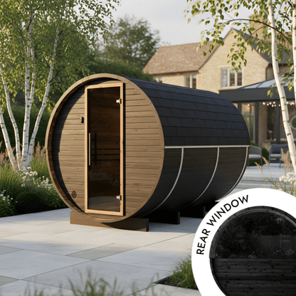Thermo Wood Barrel Sauna with Window - Large Black (6 - 8 Person) Barrel Sauna | Finnmark Sauna