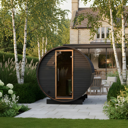 Thermo Wood Barrel Sauna with Window - Large Black (6 - 8 Person) Barrel Sauna | Finnmark Sauna