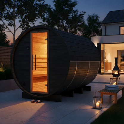Thermo Wood Barrel Sauna with Window - Large Black (6 - 8 Person) Barrel Sauna | Finnmark Sauna