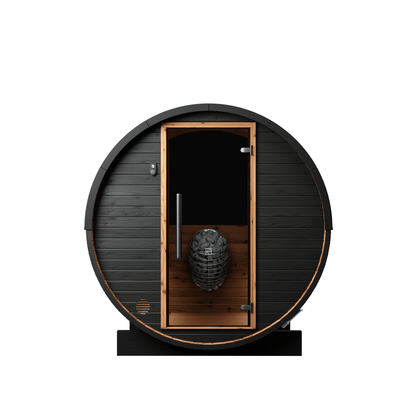 Thermo Wood Barrel Sauna with Window - Micro Black (2 Person) Barrel Sauna | Finnmark Sauna