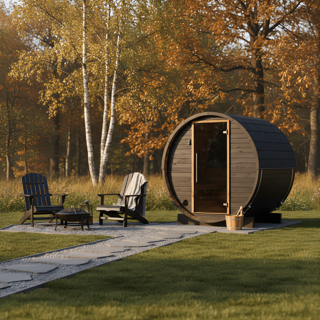 Thermo Wood Barrel Sauna with Window - Micro Black (2 Person) Barrel Sauna | Finnmark Sauna