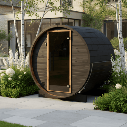 Thermo Wood Barrel Sauna with Window - Micro Black (2 Person) Barrel Sauna | Finnmark Sauna