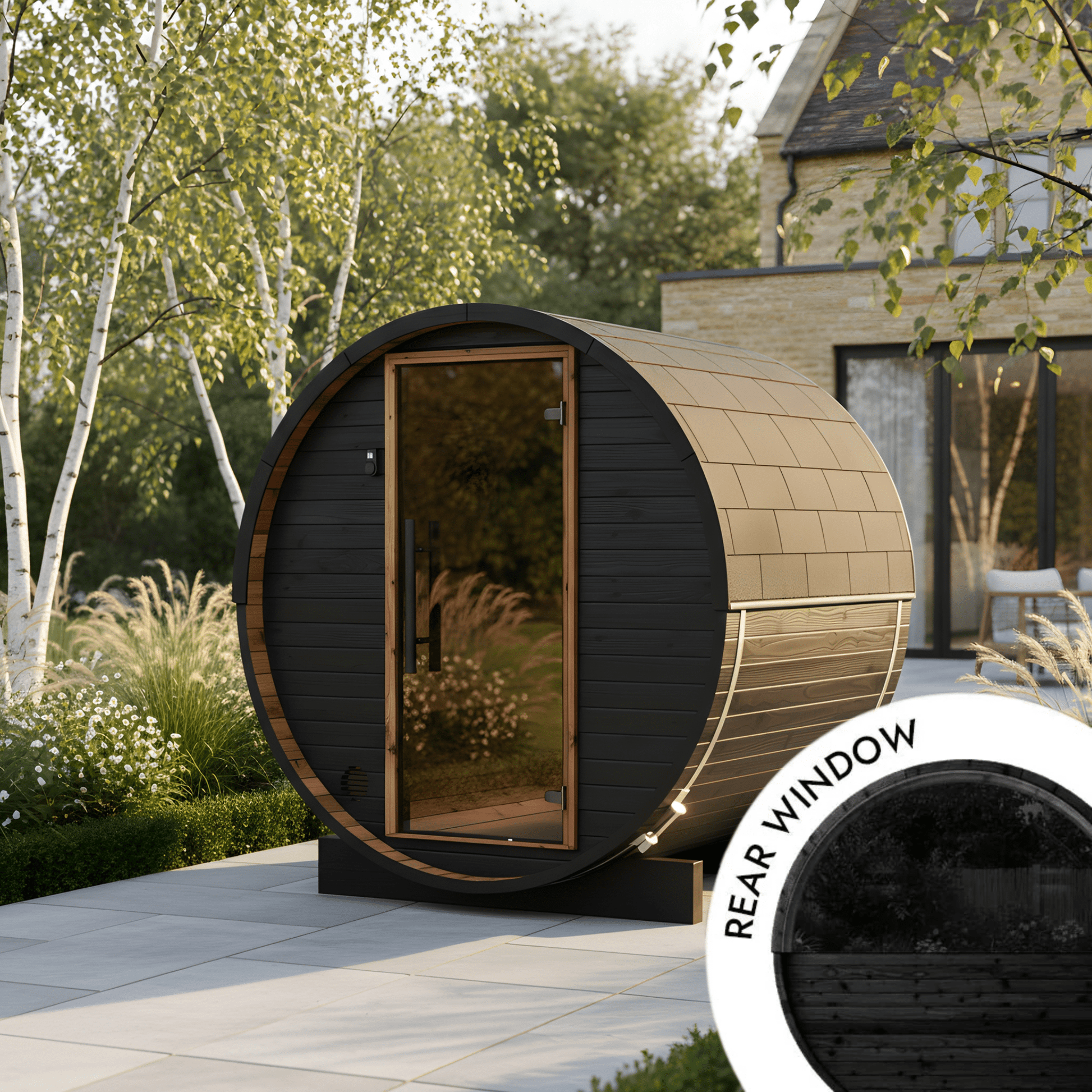 Thermo Wood Barrel Sauna with Window - Micro Black (2 Person) Barrel Sauna | Finnmark Sauna