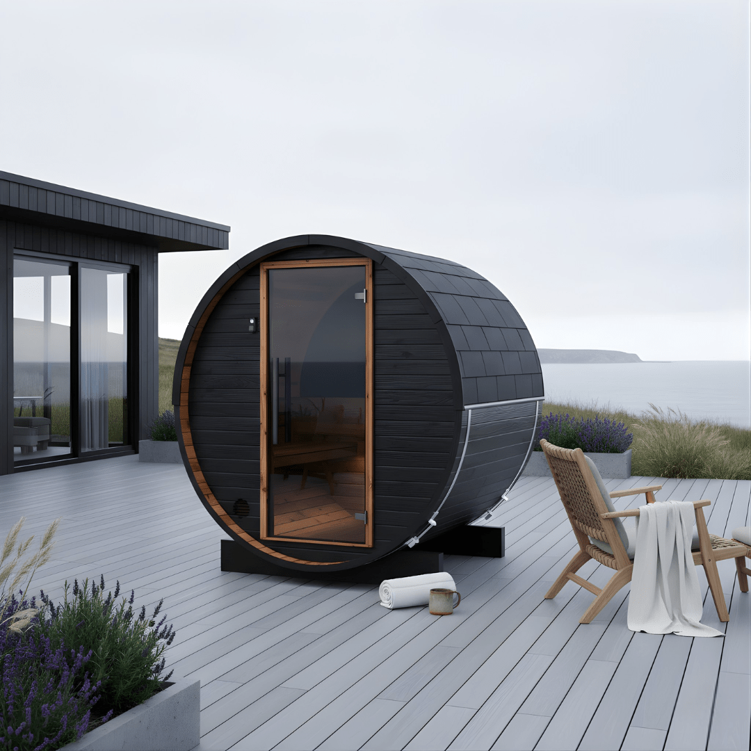 Thermo Wood Barrel Sauna with Window - Micro Black (2 Person) Barrel Sauna | Finnmark Sauna