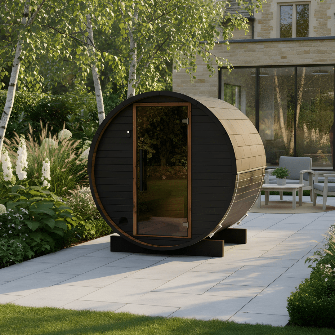 Thermo Wood Barrel Sauna with Window - Micro Black (2 Person) Barrel Sauna | Finnmark Sauna