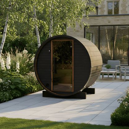 Thermo Wood Barrel Sauna with Window - Micro Black (2 Person) Barrel Sauna | Finnmark Sauna