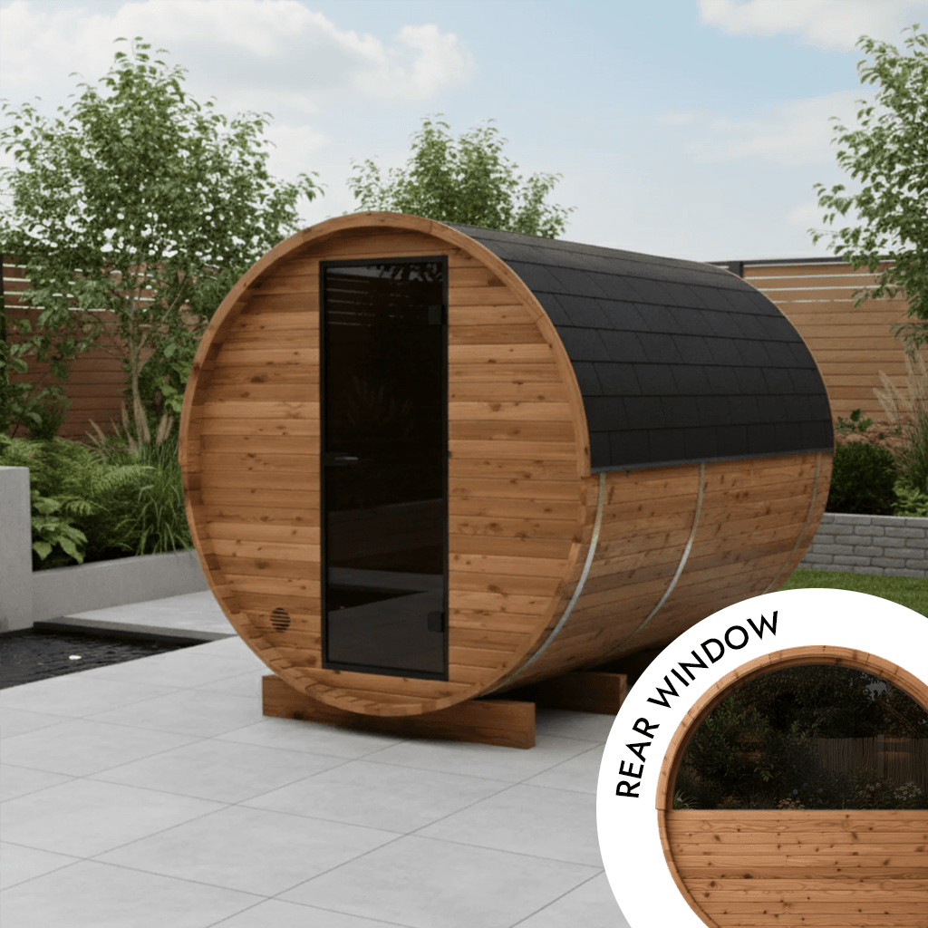 Thermo Wood Barrel Sauna with Window - Regular with Changing Room (4 - 6 Person) Barrel Sauna | Finnmark Sauna