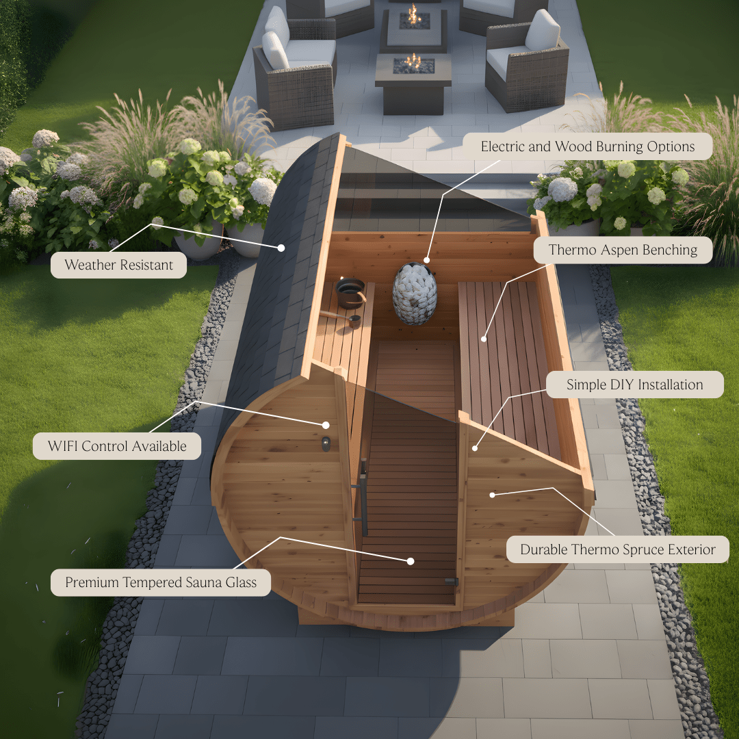 Thermo Wood Barrel Sauna with Window - Regular with Changing Room (4 - 6 Person) Barrel Sauna | Finnmark Sauna