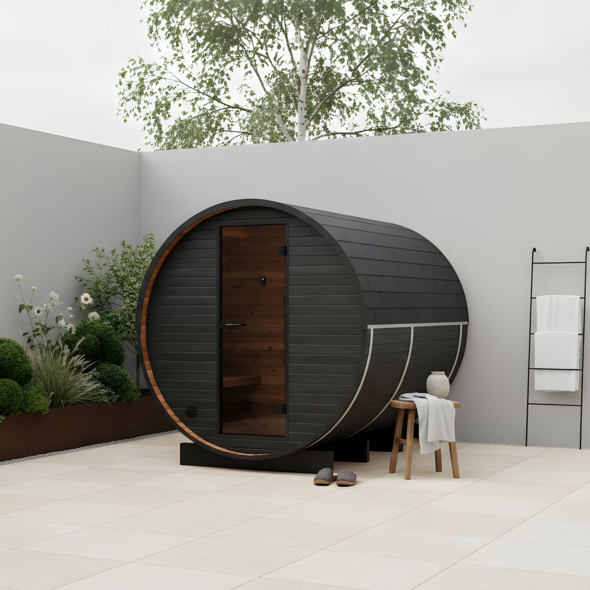 Thermo Wood Barrel Sauna with Window - Regular with Changing Room Black (2 - 4 Person) Barrel Sauna | Finnmark Sauna