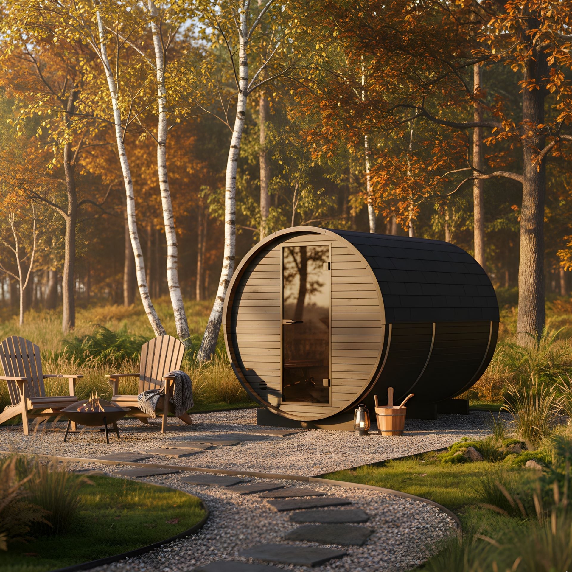 Thermo Wood Barrel Sauna with Window - Regular with Changing Room Black (2 - 4 Person) Barrel Sauna | Finnmark Sauna