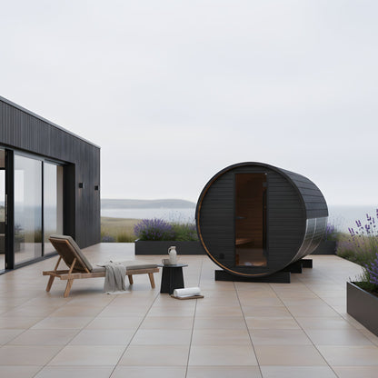 Thermo Wood Barrel Sauna with Window - Regular with Changing Room Black (2 - 4 Person) Barrel Sauna | Finnmark Sauna
