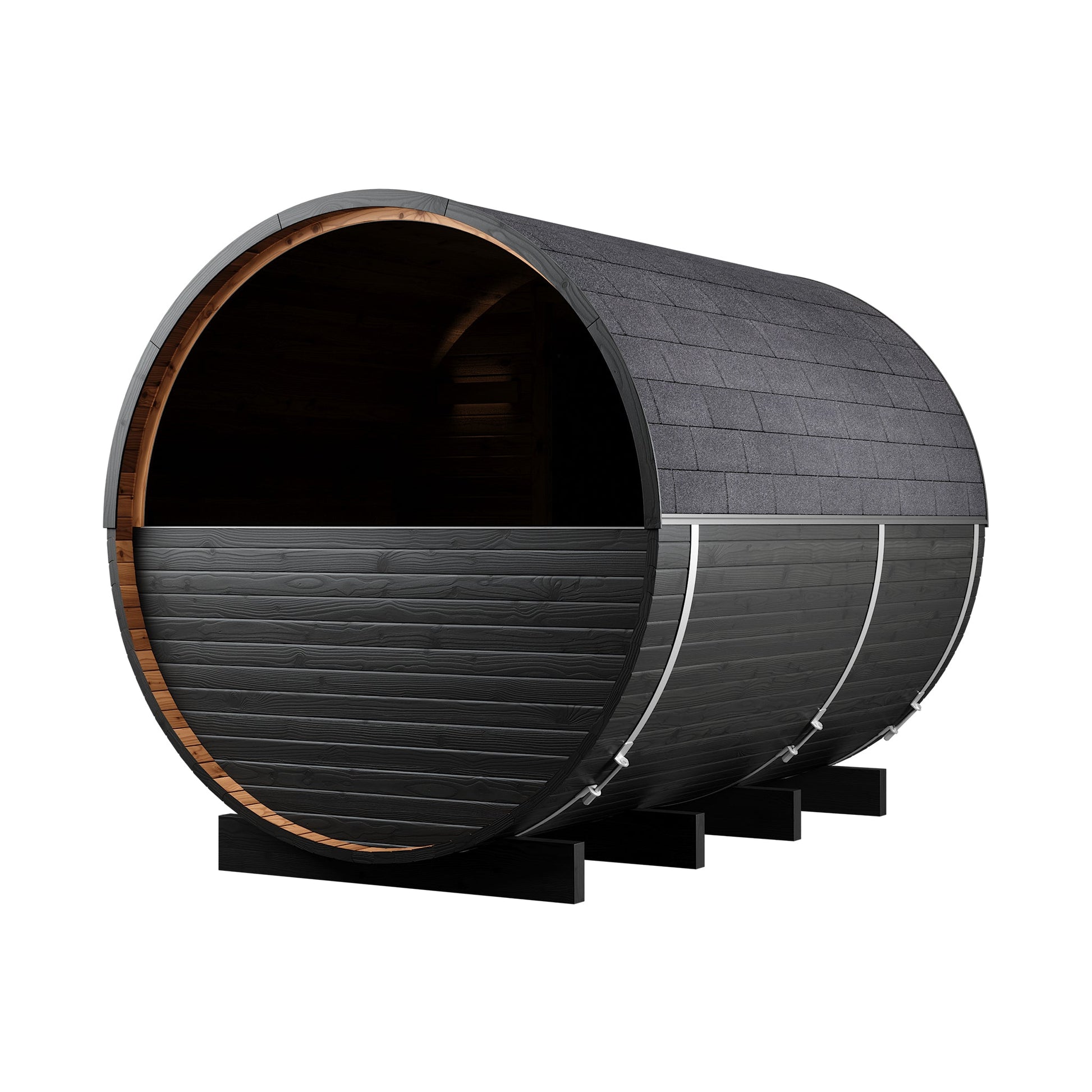 Thermo Wood Barrel Sauna with Window - Regular with Changing Room Black (2 - 4 Person) Barrel Sauna | Finnmark Sauna